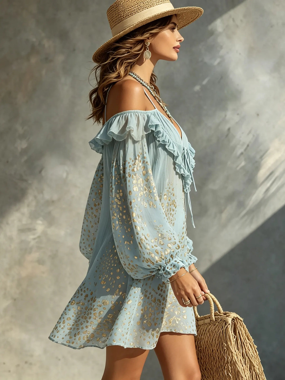 Women's Gold Foil Leopard Print Ruffle Off Shoulder Puff Sleeve Beach Mini Dress