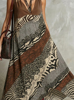 Women's V-Neck Sleeveless Mixed Animal Print Chiffon Maxi Dress With Side Pockets