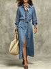 Women's Sheer Sleeve Slit Denim Maxi Dress