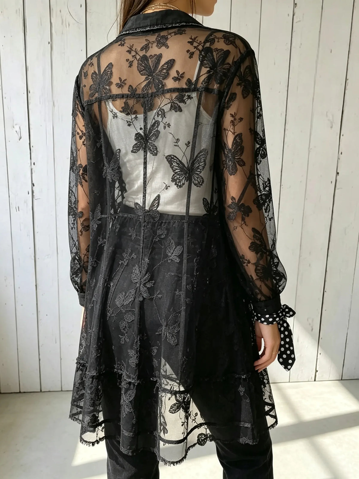 Women's Butterfly Lace Print Frayed Long Sheer Shirt Cardigan