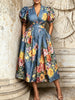 Women's Retro Floral Art Print Casual Stylish V-collar Short Sleeve Denim Midi Dress