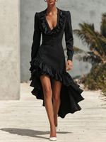Washed Denim Long-sleeve Dress Featuring A V-neck, Ruffle Details, And An Asymmetrical Hem (shorter In Front, Longer In Back)