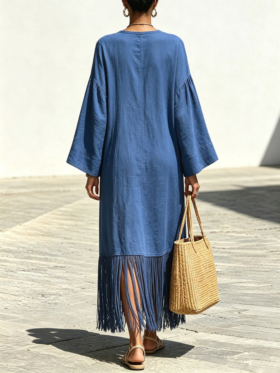 Women's Tassel Patchwork Loose Art Casual Stylish Long Sleeve Cotton Linen Dress