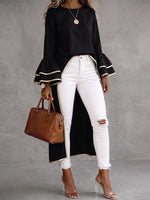 Elegant Gold-Trimmed High-Slit Maxi Blouse