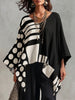 Women's Polka Dot & Geometric Print V-neck 3/4-sleeve Casual Loose Cotton-linen Top