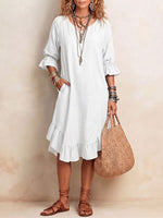 Women's Solid Color V-Neck 3/4 Sleeve Casual Loose Cotton-Linen Dress