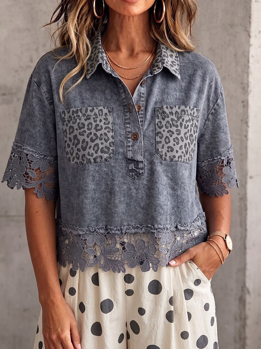 Vintage Elegant Denim Patchwork Cutout Floral Embroidered Lace Shirt
