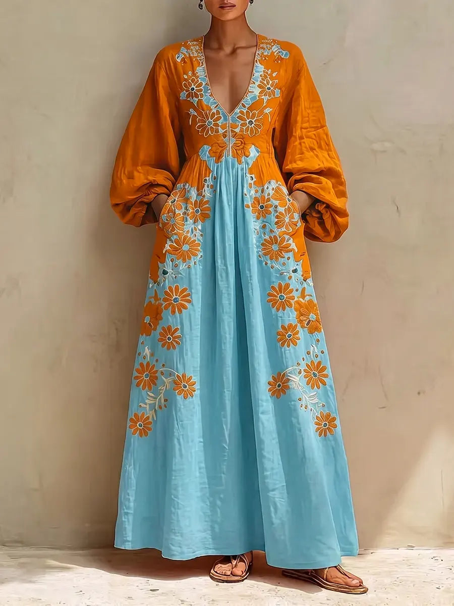 Bohemian Two-Tone Floral V-Neck Maxi Dress