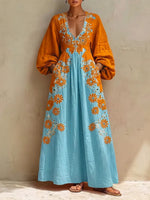 Bohemian Two-Tone Floral V-Neck Maxi Dress