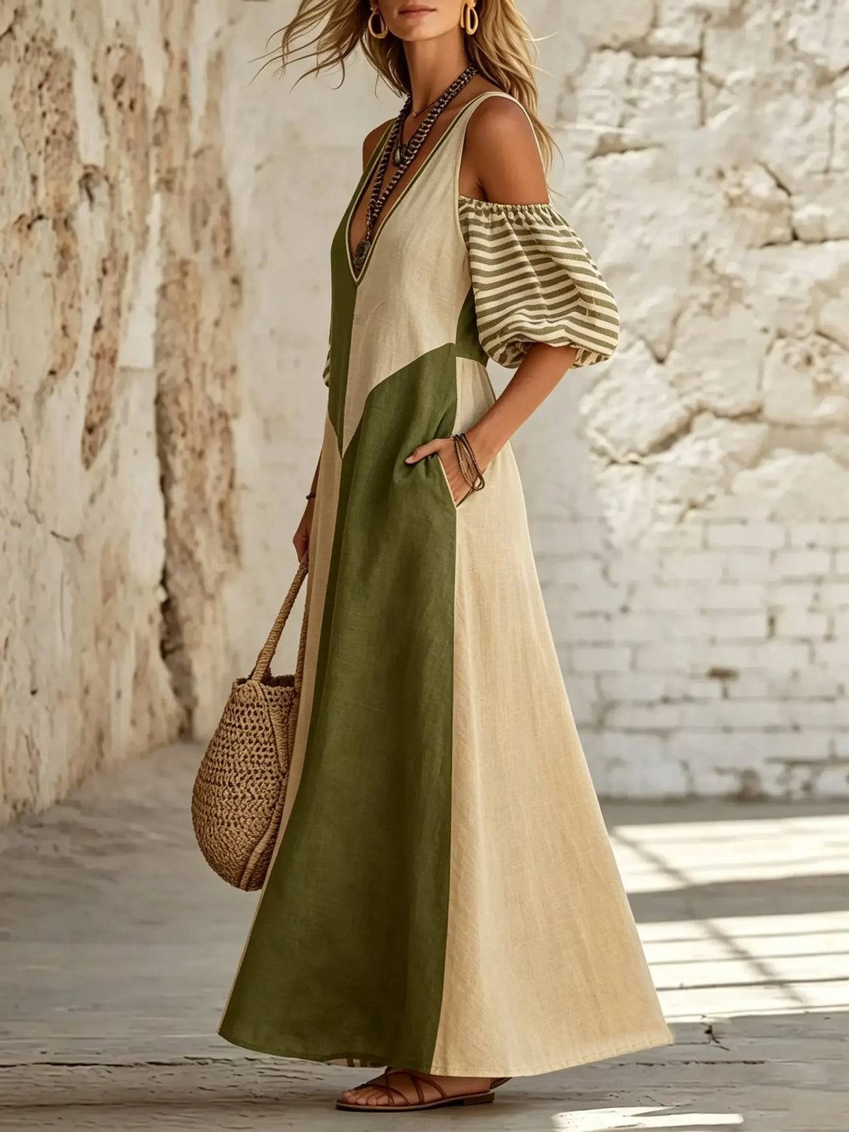 Women's Color Block Stripe Patchwork Cold Shoulder Maxi Dress