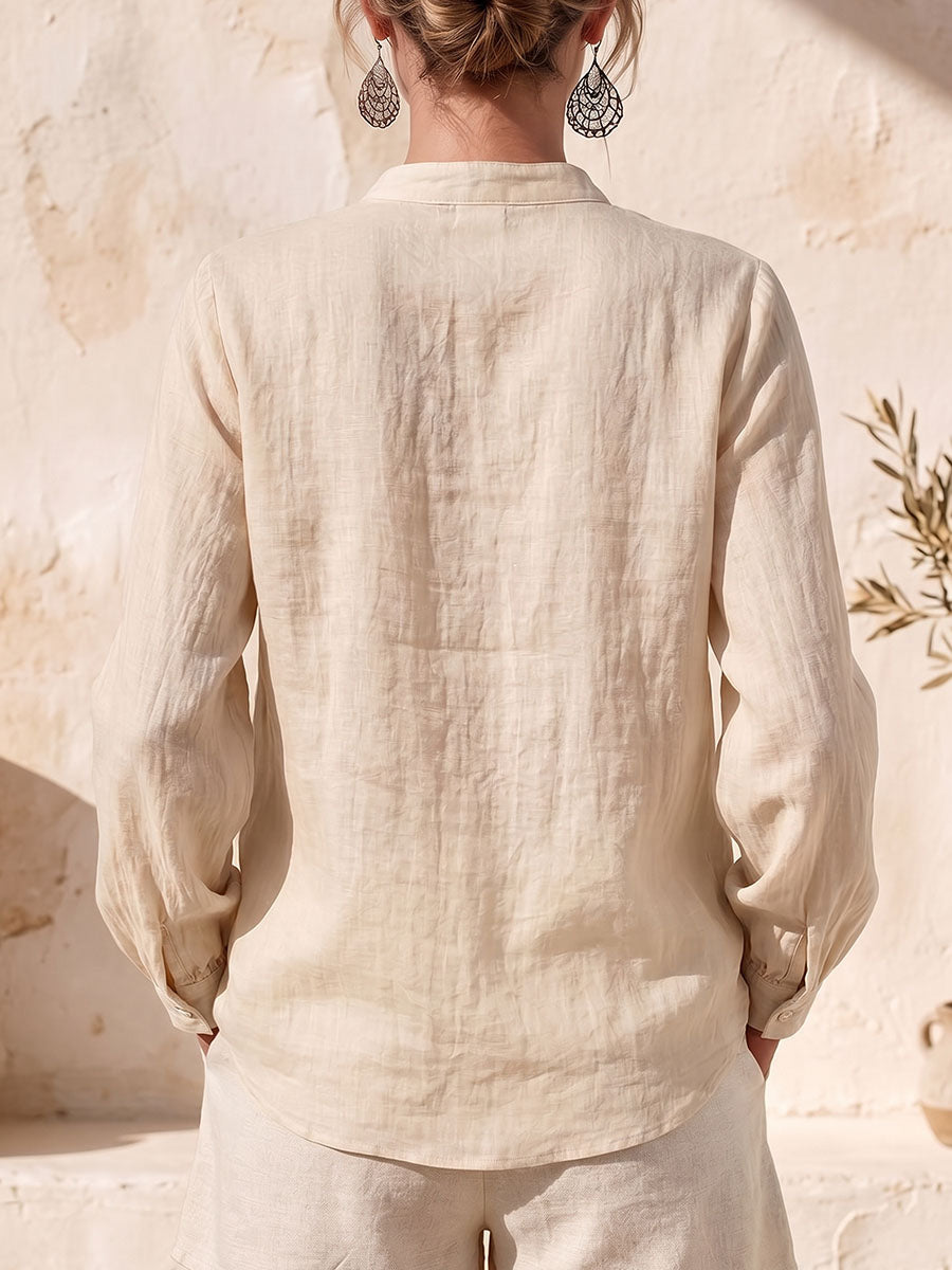 Women's Solid-color Stand-collar Long-sleeve Casual Loose Cotton-linen Shirt