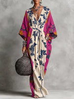 Vibrant Botanical Paneled V-Neck Maxi Kaftan