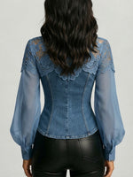 Collared Denim Shirt Featuring Metal Buttons, Wavy Lace Paneling, And Long Puff Sleeves In Chiffon