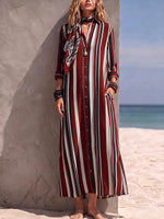 Women's Striped Print Collared Long-sleeve Casual Loose Cotton-linen Shirt Dress