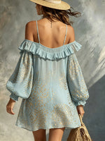 Women's Gold Foil Leopard Print Ruffle Off Shoulder Puff Sleeve Beach Mini Dress