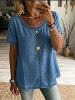 Casual Cotton Denim Top With Cut-out Trim
