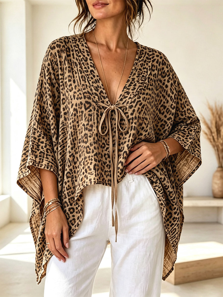 Women's Leopard Pattern Bat Sleeve Art Casual Stylish 3/4 Sleeve Cotton Linen Shirt