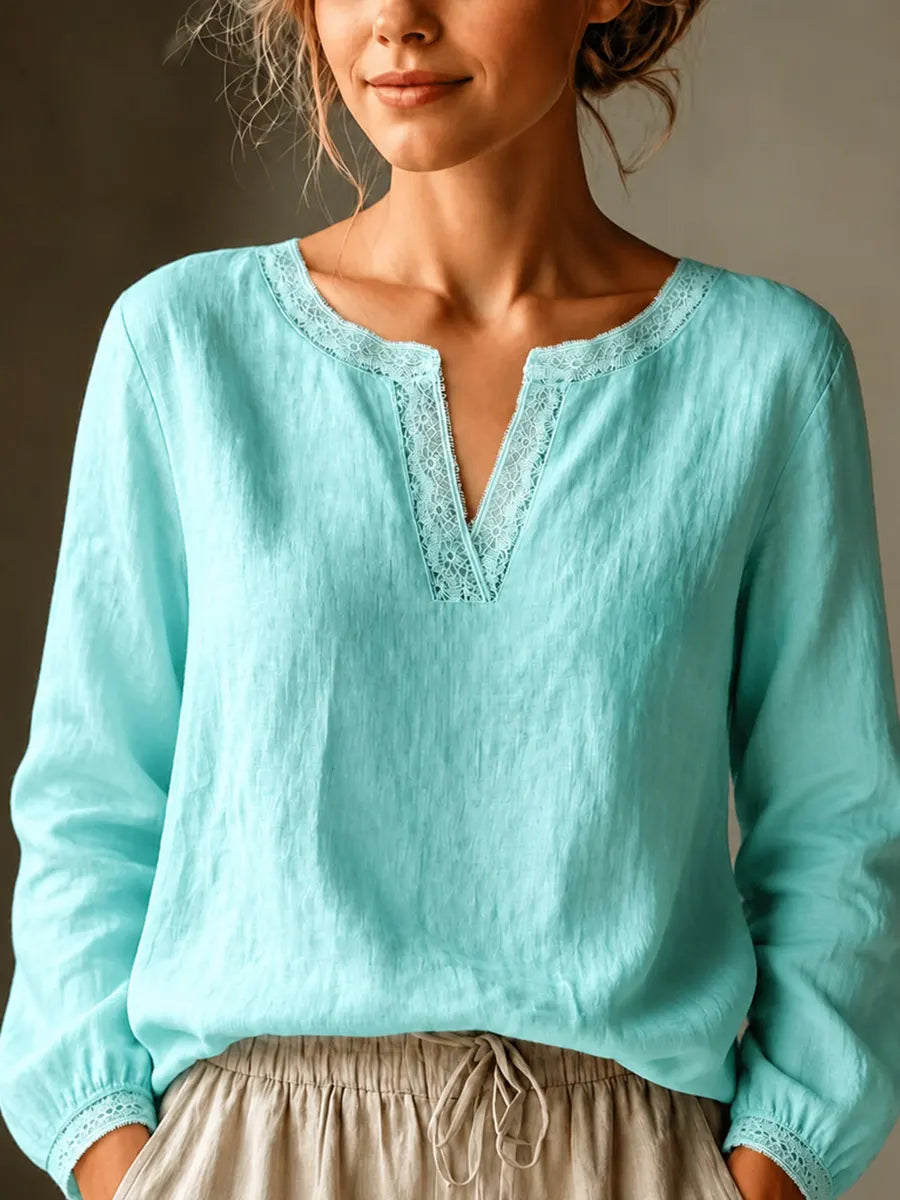 Elegant Linen-Blend Lace-Trim V-Neck Blouse