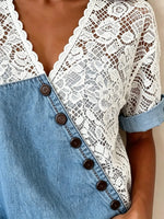 Women's Solid Floral Lace Spliced Denim Diagonal Button Short Sleeve Top