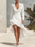Washed Denim Long-sleeve Dress Featuring A V-neck, Ruffle Details, And An Asymmetrical Hem (shorter In Front, Longer In Back)