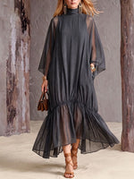 Women's Solid-color Stand-collar Long-sleeve Loose Casual Chiffon Dress