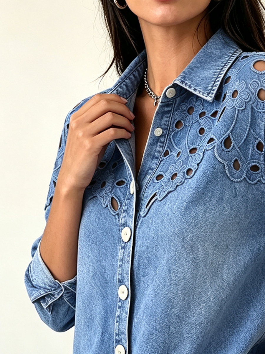 Chic Floral-embroidered Denim Blouse
