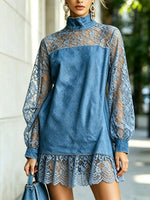 Denim & Lace Patchwork Hollow Loose Art Casual Stylish Long Sleeve Short Dress