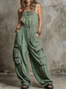 Womens Drawstring Waist Cargo Pocket Denim Overalls Jumpsuit