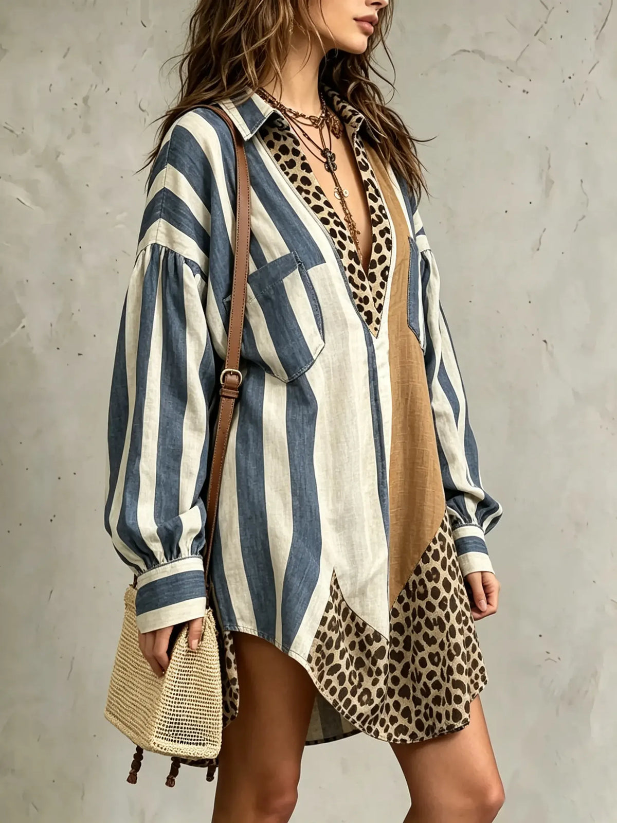 Women's Stripe Leopard Print Patchwork Loose Shirt Mini Dress