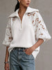 Loose-fit Top Featuring A Half-zip Mock Neck, Knit Panels, And Cut-out Floral Lace, With Three-quarter Sleeves