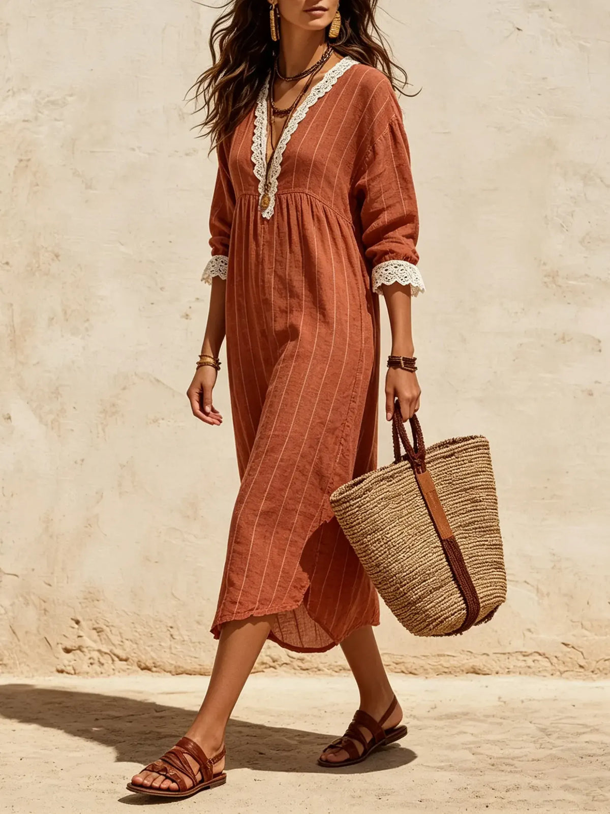 Women's Striped V-Neck Lace-Trim Midi Dress