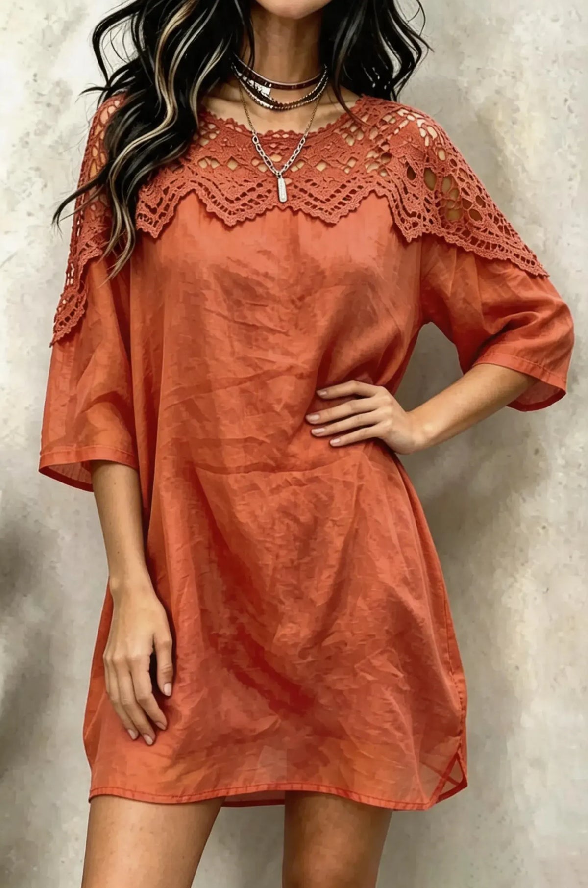 Women's Solid Crochet Lace Hot Pink Chiffon Loose Tunic Dress