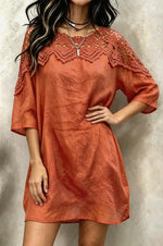 Women's Solid Crochet Lace Hot Pink Chiffon Loose Tunic Dress