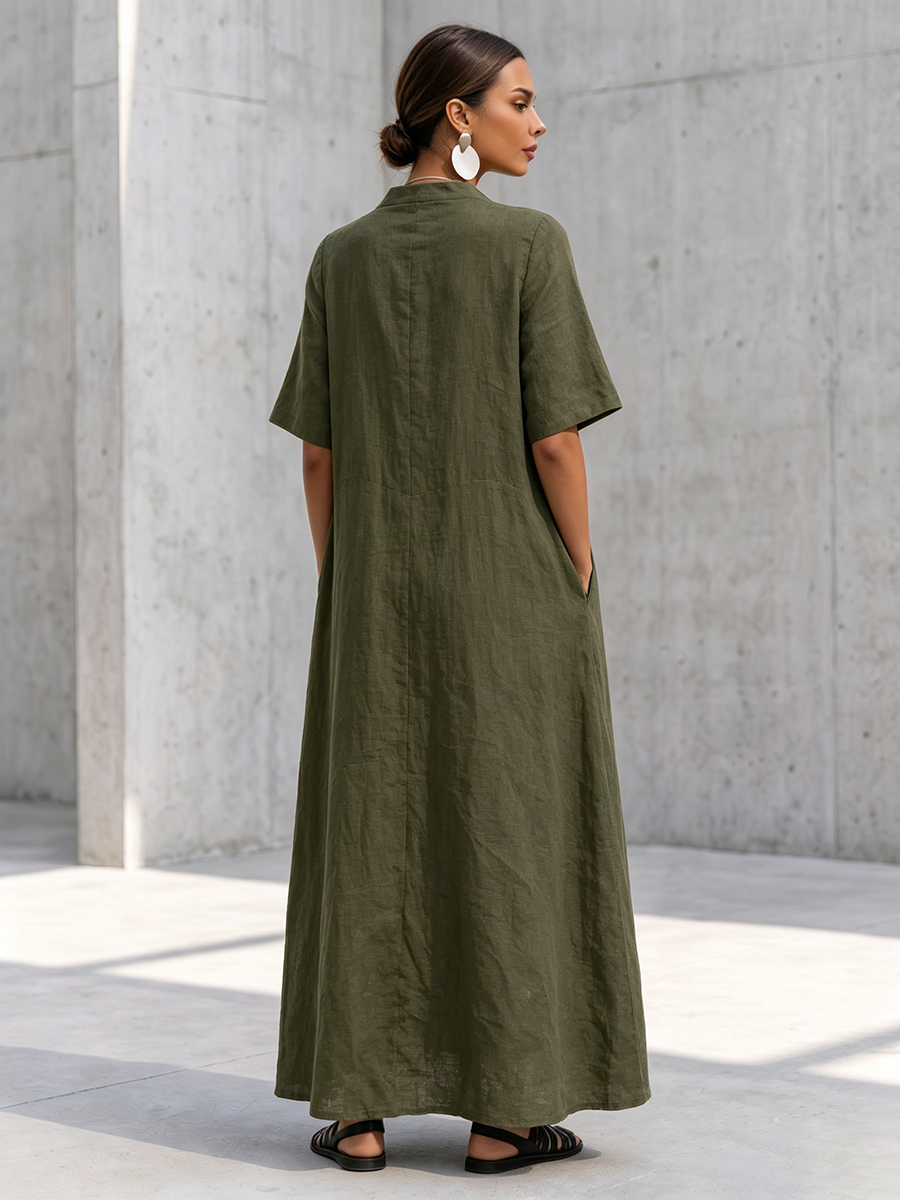 Elegant Olive Green Dress With Metal Buttons