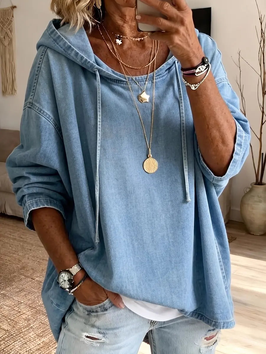 Casual Oversized Denim Drawstring Hoodie Pullover
