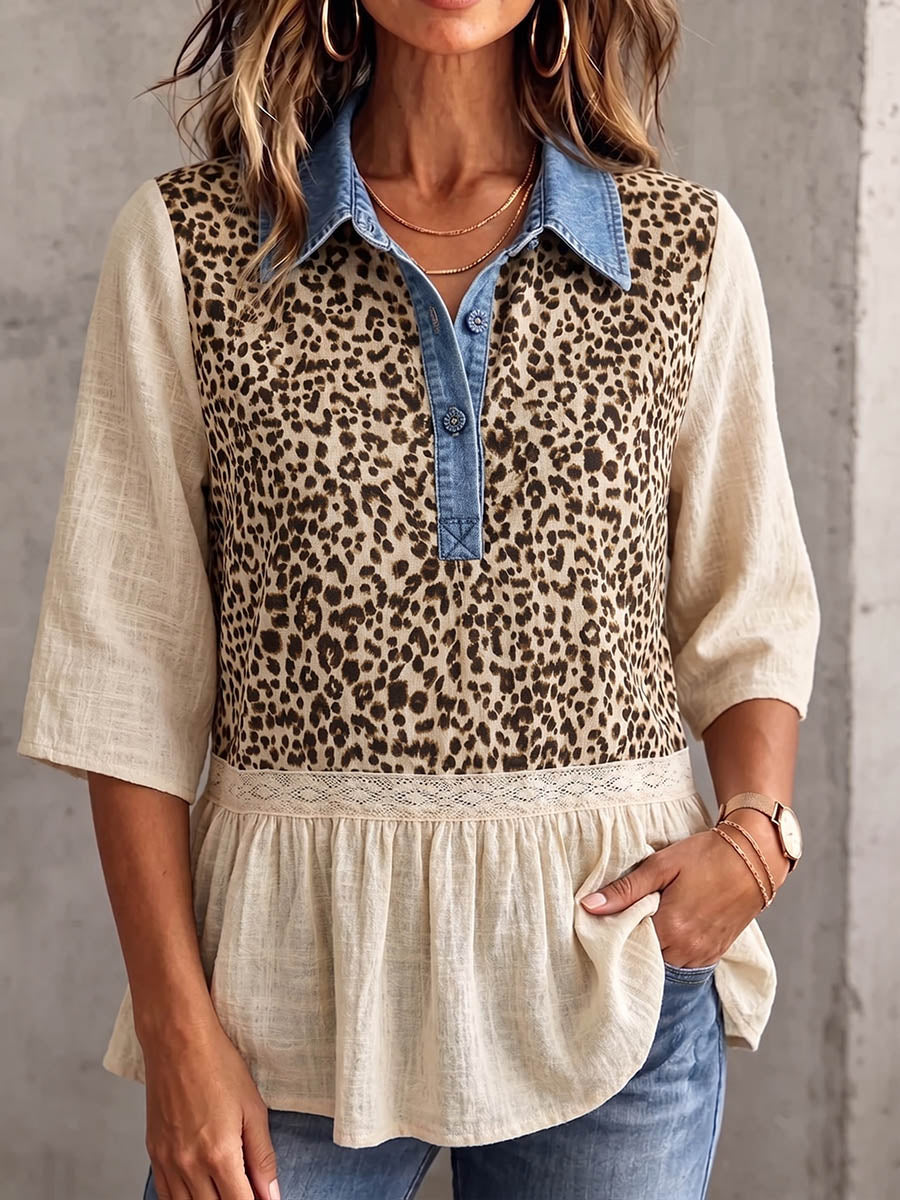 Vintage Elegant Patchwork Denim Leopard Lace Cotton-Linen Shirt