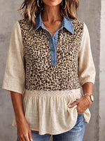 Vintage Elegant Patchwork Denim Leopard Lace Cotton-Linen Shirt