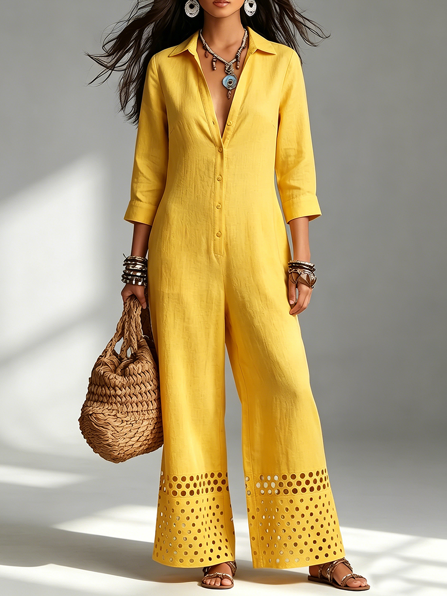 Boho-chic Yellow Cut-out Hems Cotton-linen Jumpsuit