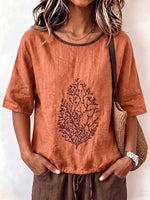 Women's Casual Loose-fit Cotton-linen Top With Placement Embroidery, Crew Neck, And 3/4 Sleeves With Drawstring Detail