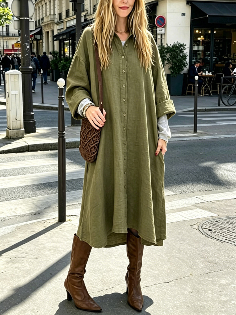 Women's Lapel Button Loose Art Casual Stylish Long Sleeve Cotton Linen Dress