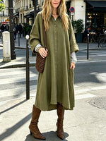 Women's Lapel Button Loose Art Casual Stylish Long Sleeve Cotton Linen Dress