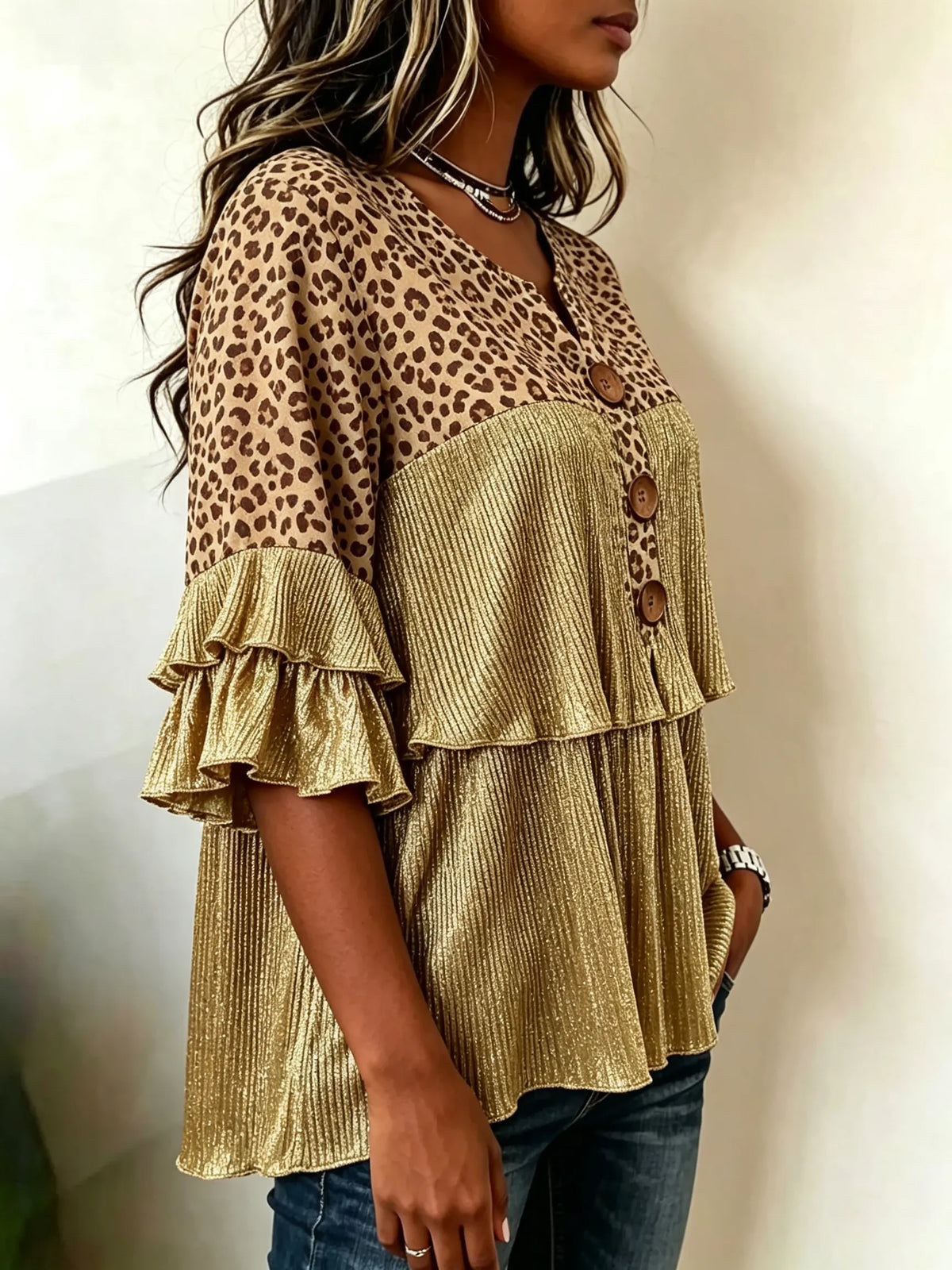 Women's Leopard Print Metallic Ruffle V Neck Blouse