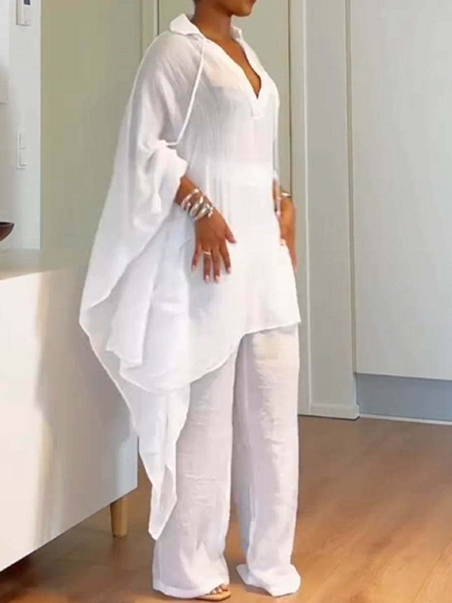 Loose-fit Casual Cotton-linen Shirt And Trousers Two-piece Set