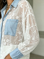 Women’sFloral Embroidery Sheer Lace Shirt With Denim Patch Pockets
