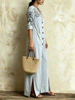 Women's Thin Vertical Stripe Floral Embroidery V Neck Split Wide Leg Jumpsuit