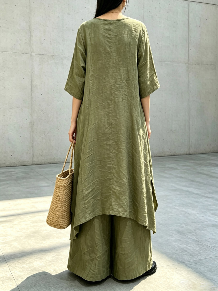 Women's Art Asymmetry Casual Top And Pants Cotton And Linen Two-piece Set