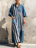 Washed Denim Multi-stripe Splice Stand Collar Lantern Long Sleeve Full Button Loose Maxi Shirt Dress