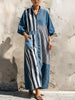 Washed Denim Multi-stripe Splice Stand Collar Lantern Long Sleeve Full Button Loose Maxi Shirt Dress