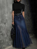 High Waist Diagonal Splice Denim Tulle Pleated Maxi Skirt