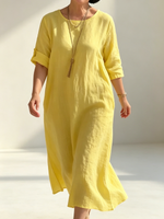 Sunny Yellow Cotton-linen Dress With Side Slits